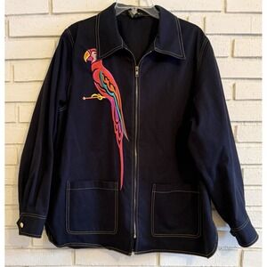 Bob Mackie Wearable Art Size Large Embroidered Parrot Black Denim Jacket Coat